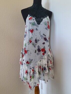 NWT Love Stitch Lace Halter Asymmetrical Ruffle Floral Dress S
